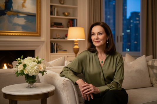 Elegant woman in her 50s relaxing in a luxurious living room in the evening, looking calm and reflective in a silk blouse with soft warm lighting and fresh flowers nearby