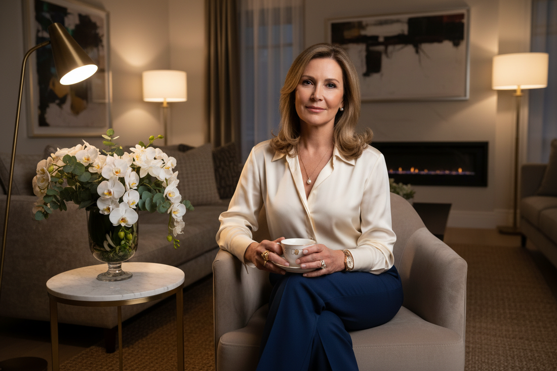 Elegant woman in her 50s sitting in a beautifully lit upscale living room at night, holding a cup of herbal tea with fresh flowers on a marble side table, radiating calm confidence and self-awareness in warm soft light