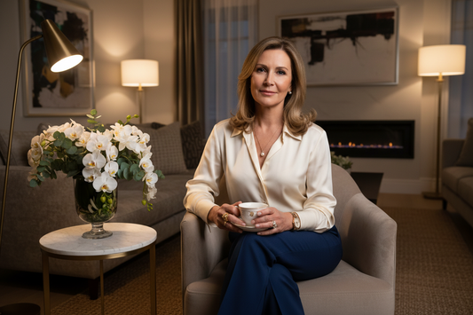 Elegant woman in her 50s sitting in a beautifully lit upscale living room at night, holding a cup of herbal tea with fresh flowers on a marble side table, radiating calm confidence and self-awareness in warm soft light