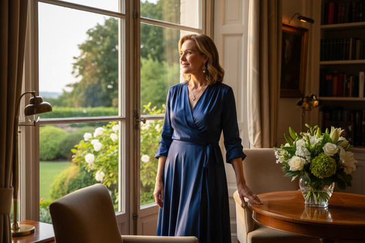 Reflective elegant woman in her 50s gazing thoughtfully through a large window in a luxurious home with soft golden afternoon light and a lush garden view
