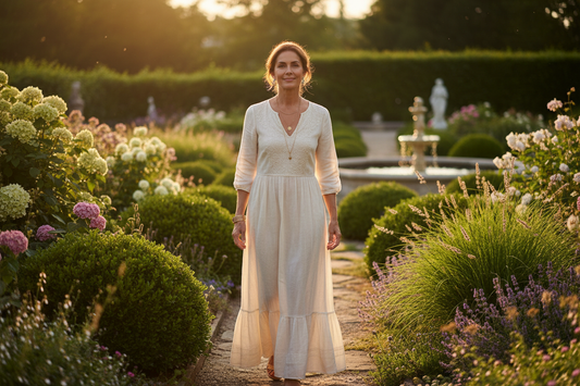 Elegant woman in her 50s walking through a beautifully landscaped garden at dusk, golden hour light, wearing a flowing linen dress and tasteful jewelry, lush blooming flowers surrounding her, radiating vitality and emotional balance