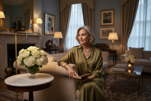 Elegant woman in her 50s sitting peacefully in a luxurious living room in the evening, soft warm lamp light, fresh white flowers on a marble side table, wearing a silk blouse and gold jewelry, radiating calm self-awareness and quiet strength
