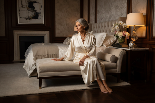 Elegant woman in her 50s sitting quietly in a luxurious upscale bedroom at night, soft warm bedside lamp light, wearing a silk robe and pearl jewelry, fresh flowers on a marble nightstand, radiating calm self-awareness and emotional strength