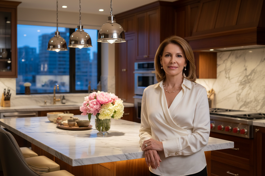 Elegant woman in her 50s relaxing in a luxurious upscale kitchen at evening — Restivo Health & Wellness doctor-supervised holistic weight loss program