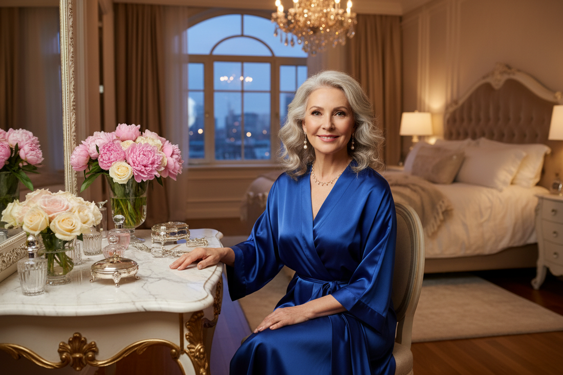 Elegant woman in her 50s taking a quiet evening moment at a luxurious vanity — Restivo Health & Wellness doctor-supervised holistic weight loss program