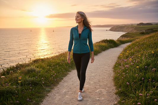 Woman on a daily walk along a scenic path showing how walking habits support emotional wellness and weight loss