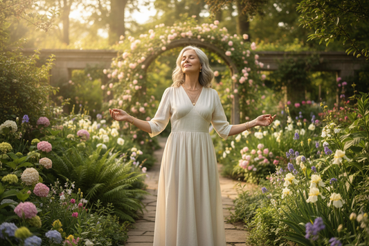 Woman in a peaceful garden feeling balanced and centered after creating better daily wellness routines