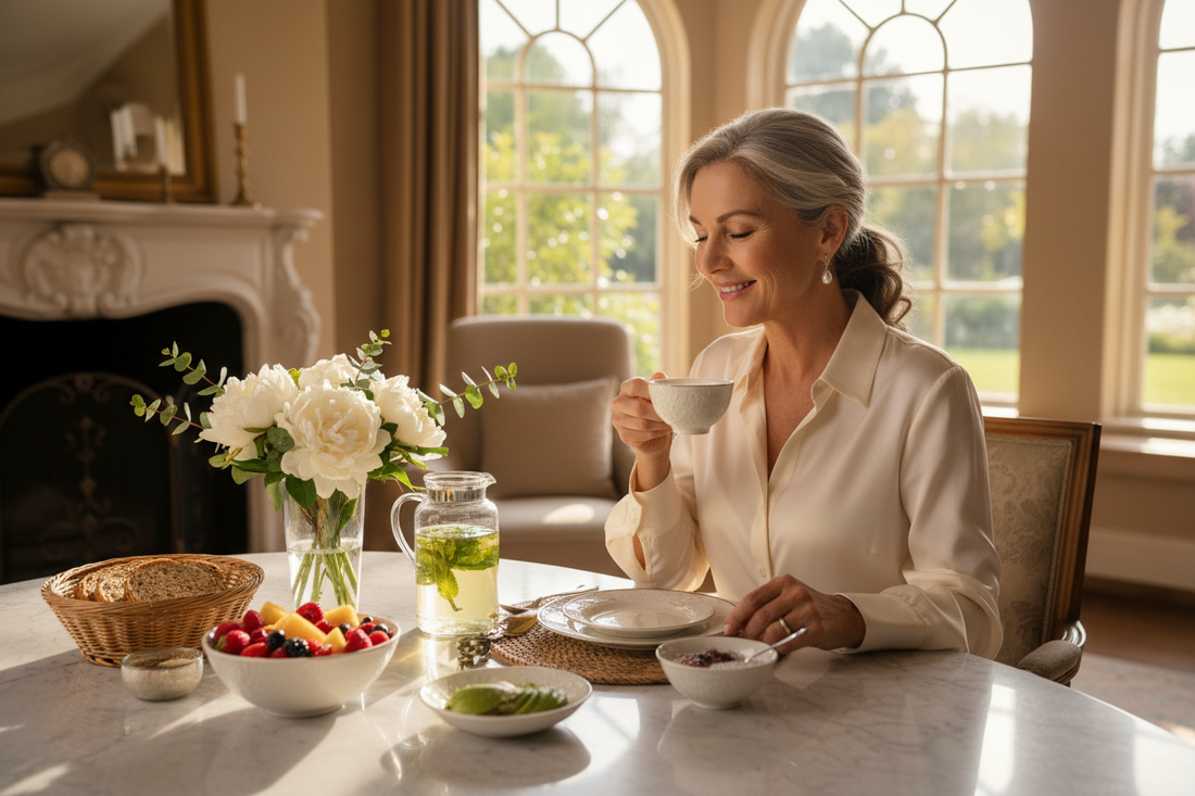 Woman practicing healthy daily habits including nourishing eating and movement that support better emotional wellness