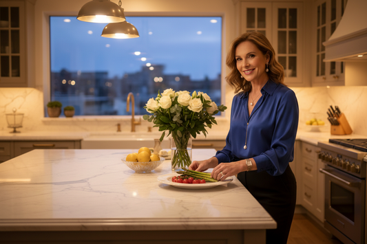 Elegant woman in her 50s in a stunning luxury kitchen with warm soft evening lighting, looking radiant and relaxed