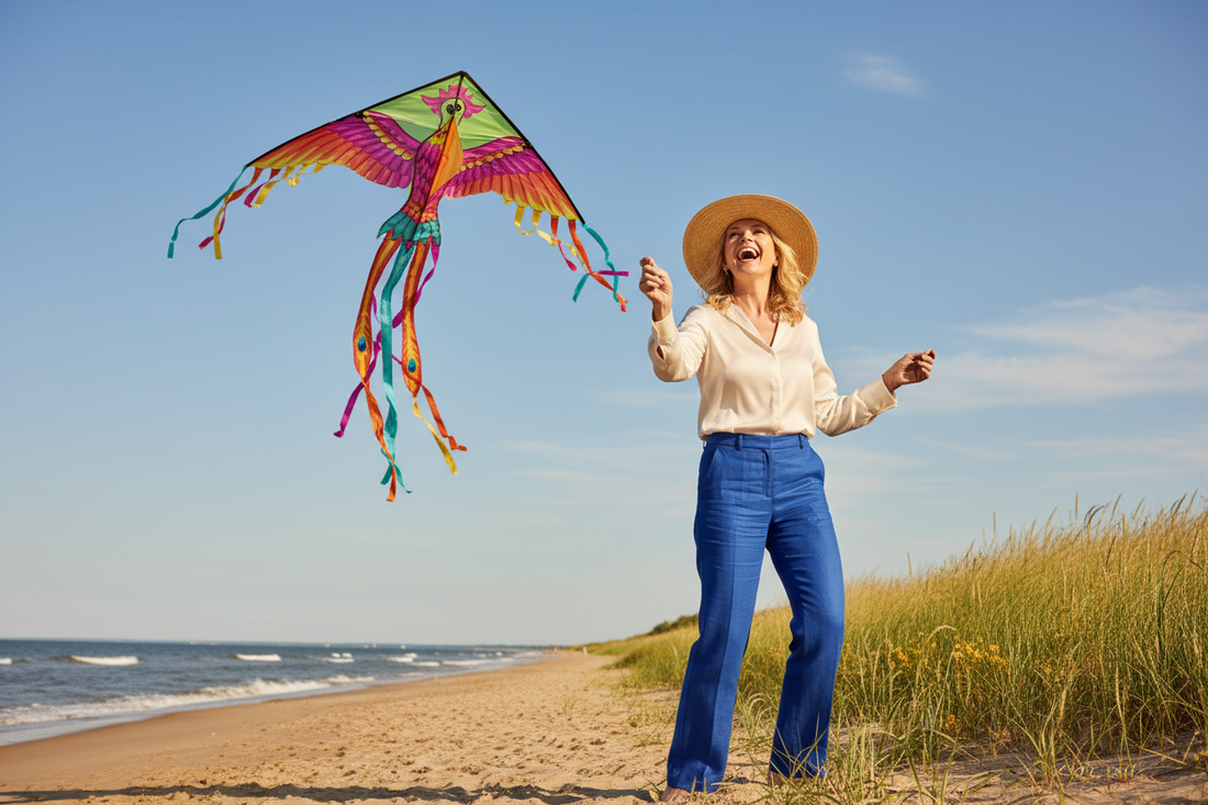 Elegant affluent woman in her 50s flying a colorful kite on a beautiful sunny meadow, laughing and radiant, representing the outdoor activity and stress-relief benefits of kite flying for weight loss