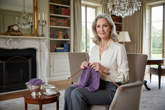 Elegant well-dressed woman sitting in a luxurious living room knitting with premium cashmere yarn, looking slim, healthy and sophisticated, upscale knitting hobby and weight loss