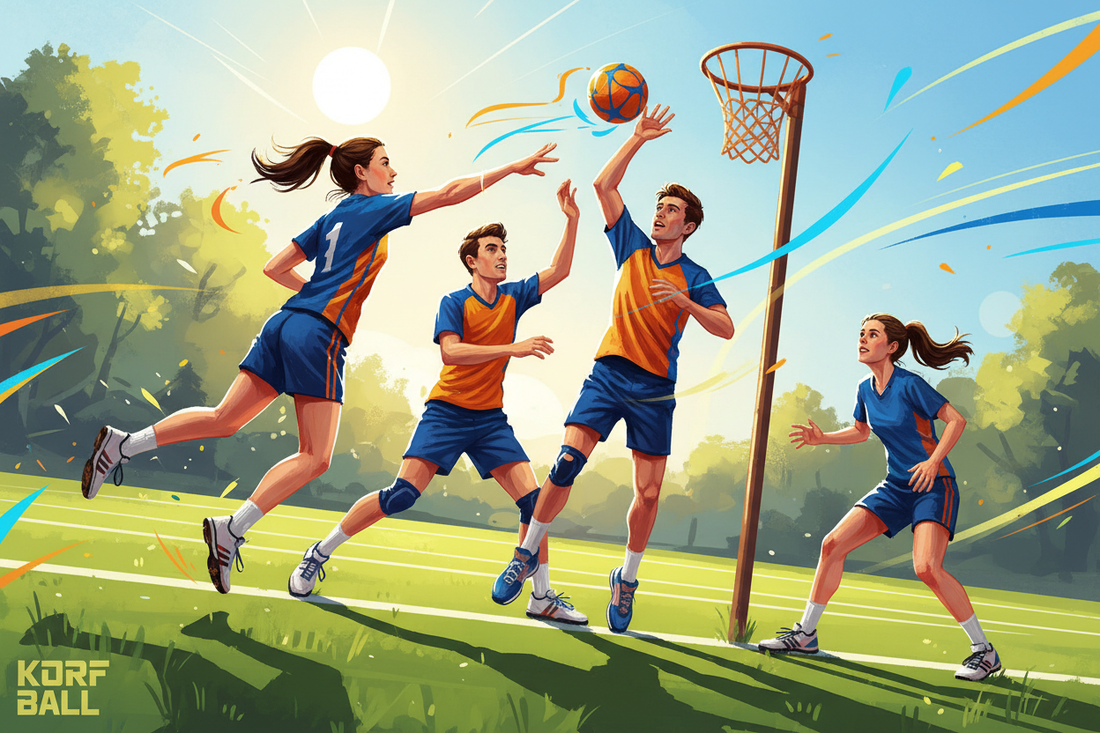 Korfball players in action shooting toward the tall post basket, representing the teamwork and energy that inspires weight loss success with Dr. Restivo's doctor-supervised program