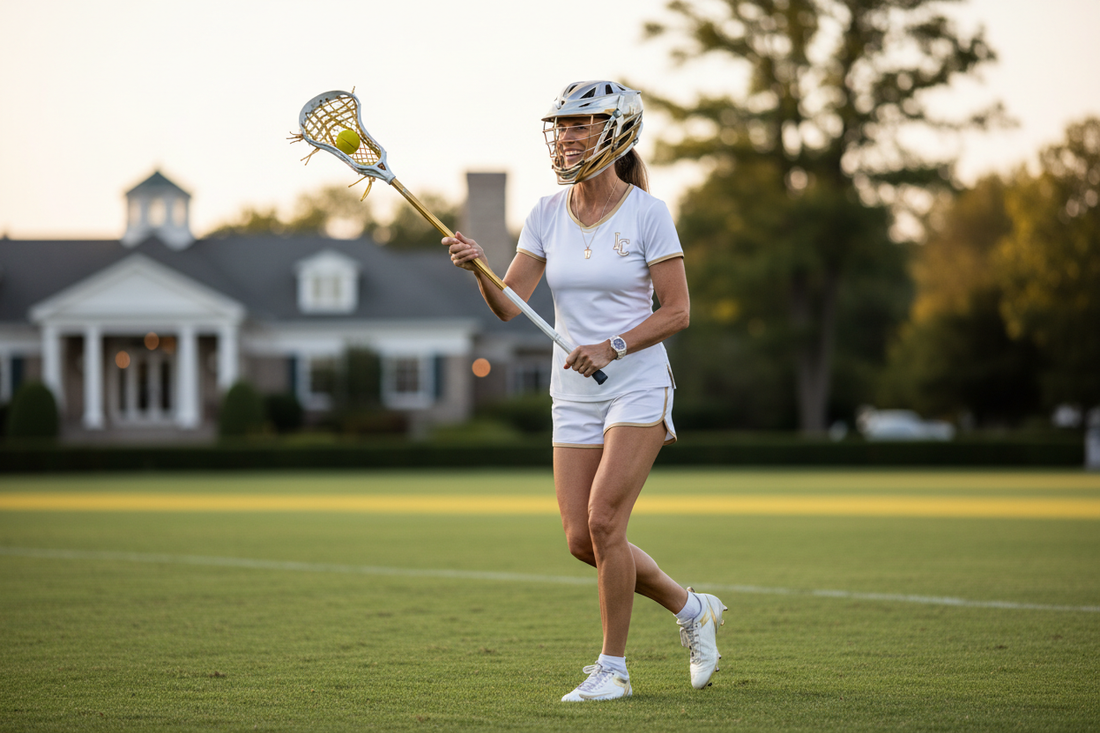 "Elegant athletic woman playing lacrosse on a beautiful green field, radiant and confident"