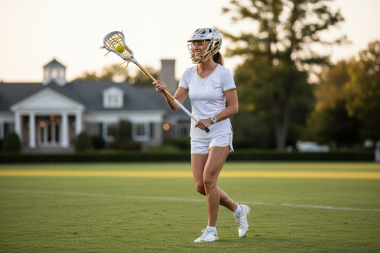 "Elegant athletic woman playing lacrosse on a beautiful green field, radiant and confident"