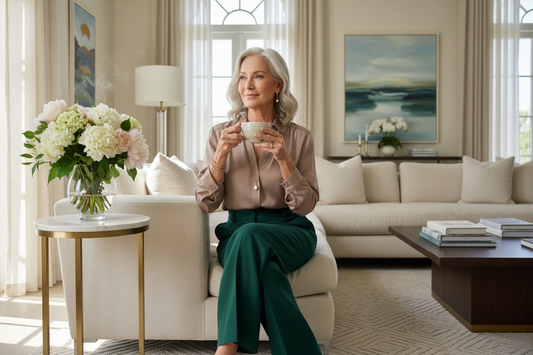 Elegant midlife woman managing late summer allergies and inflammation comfortably at home while on her doctor-supervised weight loss program