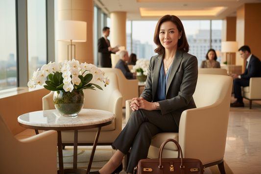 Elegant woman in her late 40s in a luxury airport lounge in sophisticated business attire, tasteful jewelry, confident relaxed expression, soft warm lighting, marble surfaces, fresh flowers, high-end leather carry-on