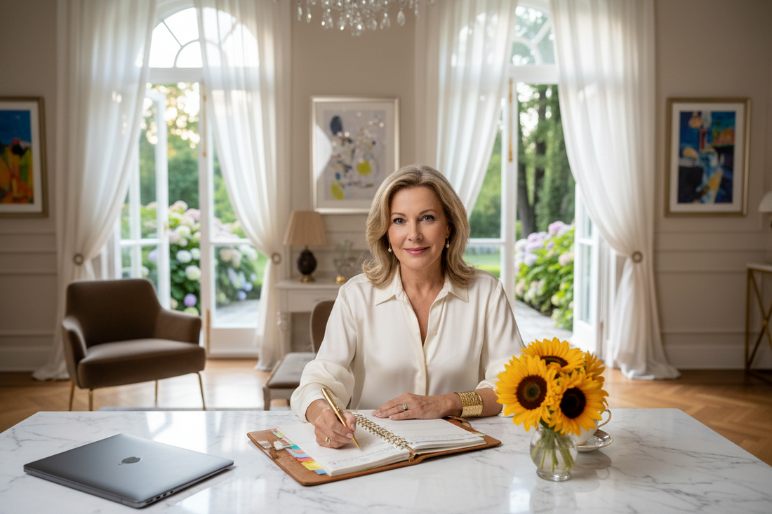  Elegant woman in her 50s planning her late summer routine at a luxurious marble desk with garden views, calm and radiant