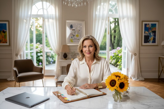  Elegant woman in her 50s planning her late summer routine at a luxurious marble desk with garden views, calm and radiant