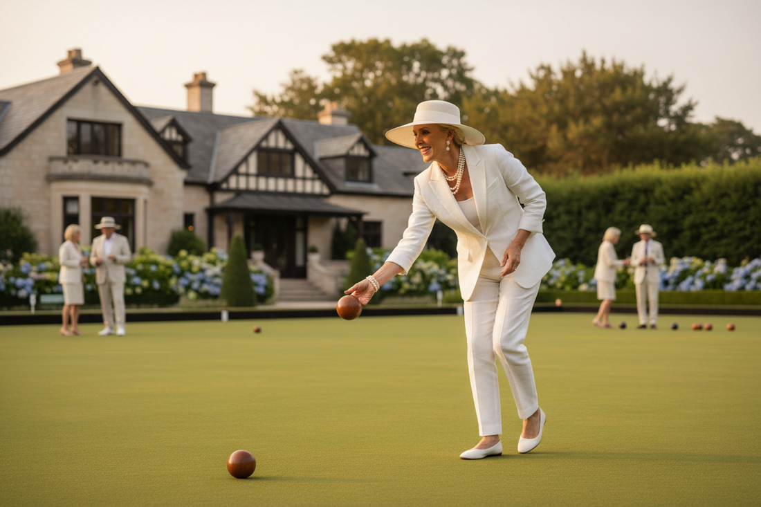 Elegant woman enjoying lawn bowling for weight loss on a pristine country club green