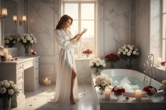 Elegant woman in her 50s in a luxurious marble spa bathroom wearing a white silk robe, admiring her lean toned arms with amazement, embodying the preservation of lean tissue while releasing stored fat through doctor-supervised homeopathic weight loss