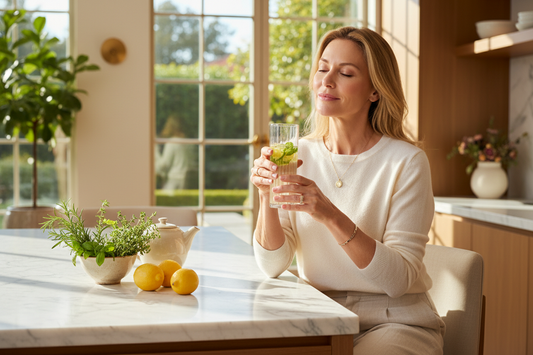 Glowing elegant woman in her 50s in a sunlit luxury kitchen holding lemon water with serene luminous energy as her body detoxifies and renews from within