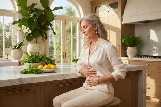 Glowing serene woman in her 50s in a sunlit luxury kitchen hands pressed gratefully over her side feeling her liver regenerate and renew through comprehensive fat and toxin clearance