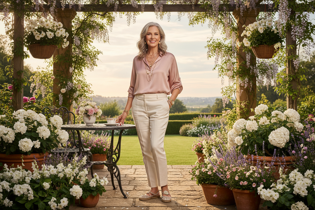 Elegant woman in her early 50s in a stunning upscale kitchen, sophisticated attire, radiant glowing skin, serene confident smile, reflecting lasting long-term transformation through doctor-supervised weight loss