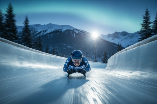 "Woman competing in luge on an icy track, showcasing athletic strength and determination as part of a healthy weight loss lifestyle"