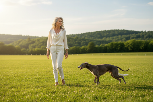 Elegant woman watching her greyhound running gracefully through a lush green lure coursing field, radiant and confident"