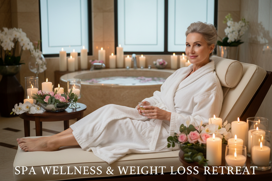 Elegant sophisticated woman relaxing in a luxurious upscale spa, wearing a plush robe, surrounded by candles and flowers, looking slim, healthy, serene and radiant, luxury spa wellness and weight loss