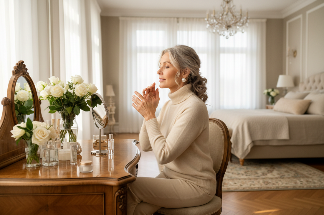 Sophisticated woman in her 50s at a luxurious vanity with glowing radiant skin, representing skin health and inch reduction through Dr. Restivo's weight loss program