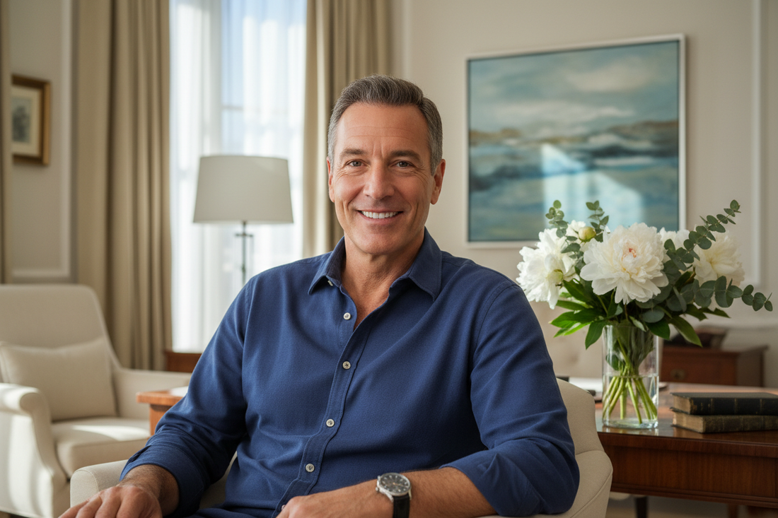 Distinguished man in his 50s sitting confidently in a luxurious sunlit home, warm genuine smile, radiant healthy appearance, well-tailored casual shirt in soft navy, tasteful watch, fresh greenery, warm morning light, high-end decor, calm and centered
