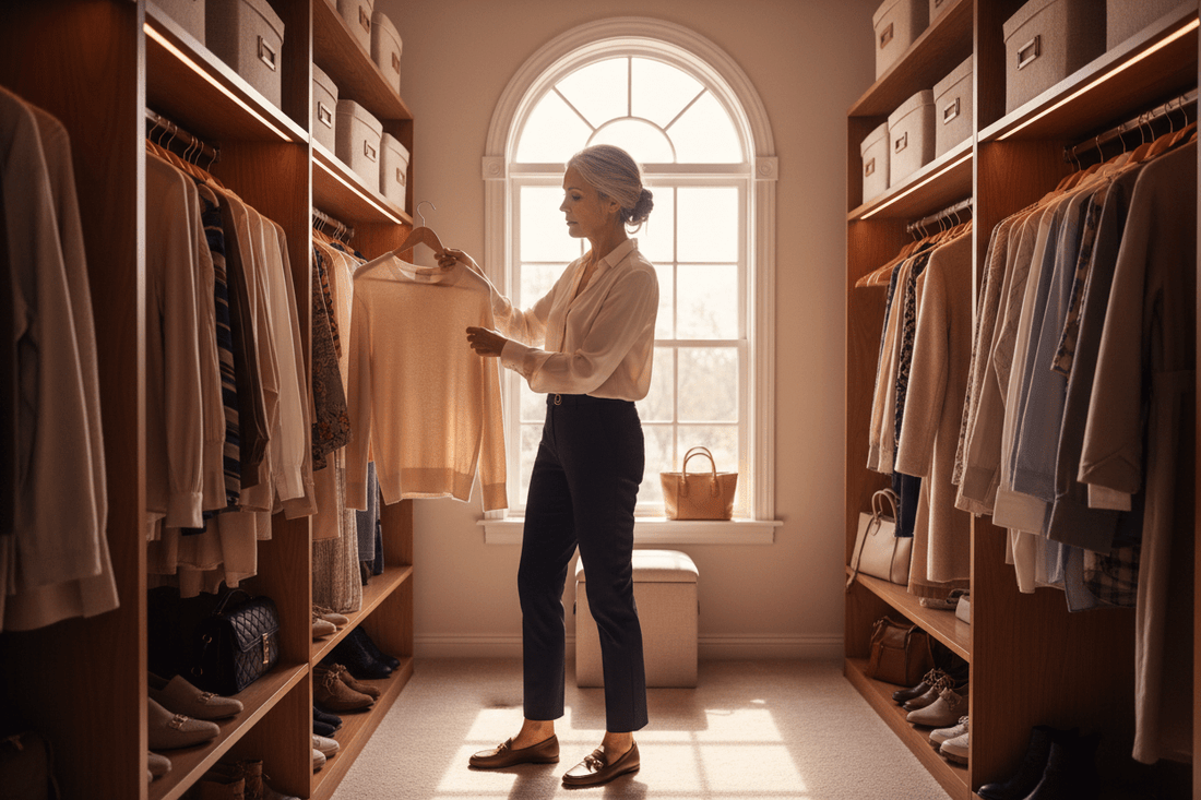 Affluent homemaker organizing closet while managing household responsibilities and struggling with weight gain