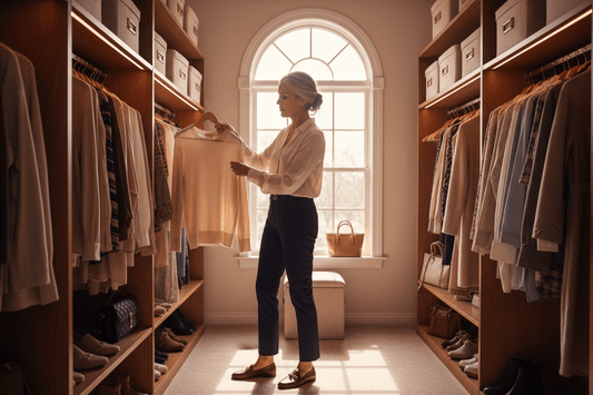 Affluent homemaker organizing closet while managing household responsibilities and struggling with weight gain