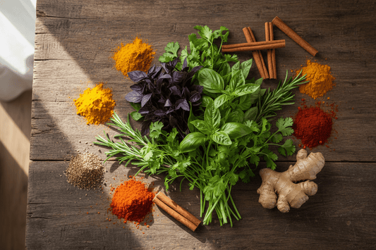 "Fresh herbs and colorful spices arranged for making healthy food delicious and flavorful without calories"