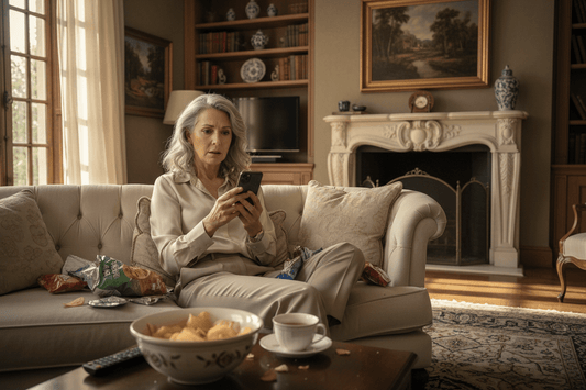 Woman mindlessly scrolling smartphone while snacking on couch - phone addiction causing weight gain
