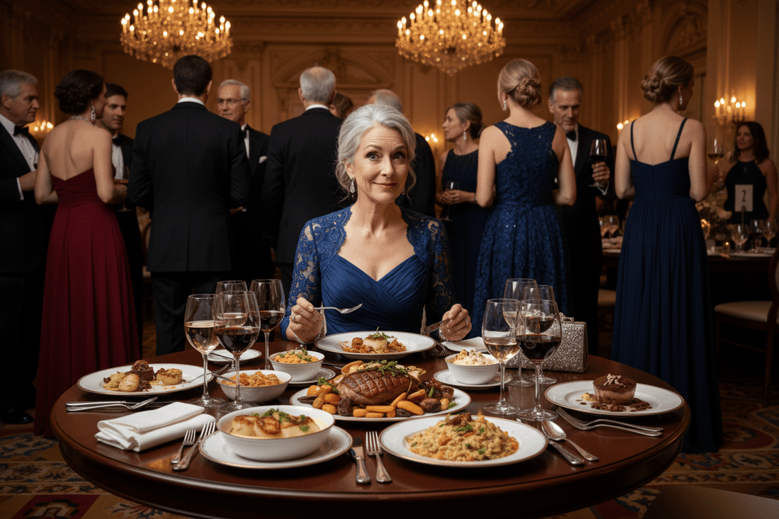 Elegant woman at charity gala fundraising dinner overwhelmed by multi-course meal and formal dining
