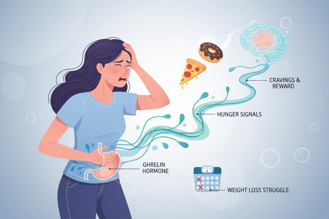 Scientific illustration of ghrelin hunger hormone affecting weight loss and appetite control
