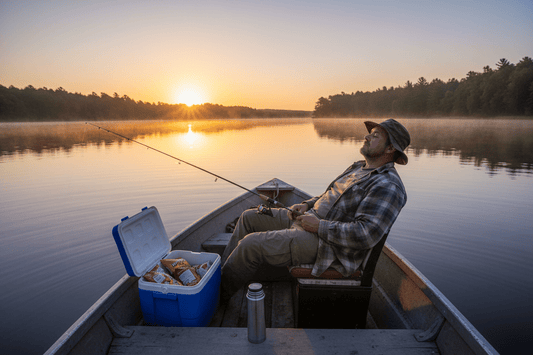 "Man sitting in fishing boat on calm lake with cooler of snacks showing sedentary nature of fishing"