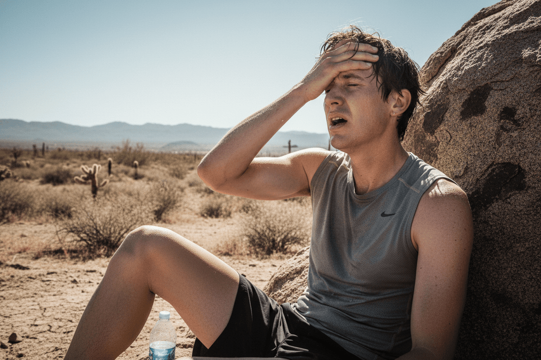 "Person struggling with outdoor exercise in hot sunny weather showing heat exhaustion"