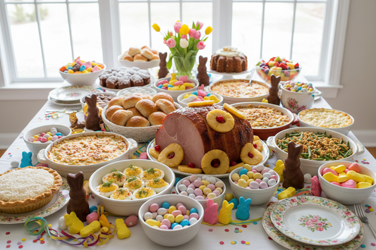 "Easter brunch table with candy eggs chocolate bunnies and heavy traditional foods"