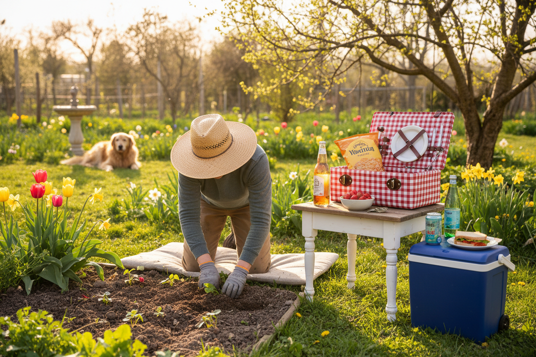  "Person gardening in spring bending over planting with snacks and drinks nearby"