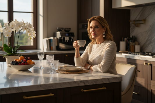 Elegant woman in her 50s sitting at a marble kitchen island in an upscale home, holding herbal tea, thoughtful and determined expression, cashmere sweater, pearl earrings, warm evening light