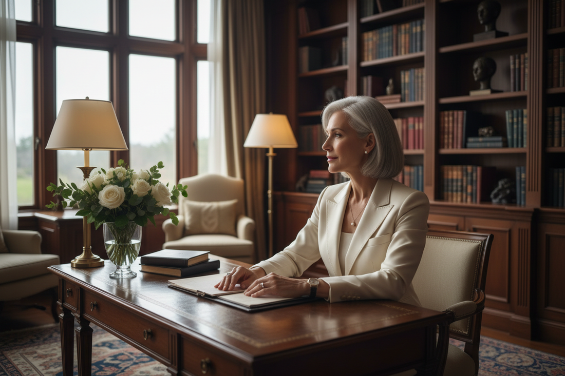 Elegant professional woman in her 50s sitting at a luxurious home office desk, looking thoughtful and composed — representing how cognitive overload from leadership affects eating decisions