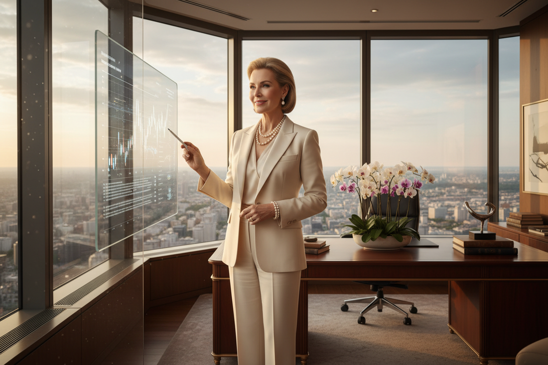 Elegant professional woman in her early 50s standing confidently in a luxurious corner office with city views — representing the unique weight loss challenges women face during their career peak years