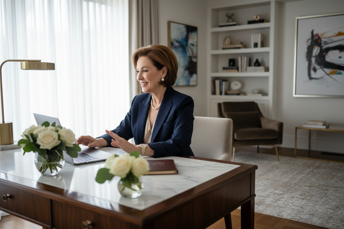 Elegant executive woman in her 50s on a video call in a luxurious home office — representing why executive women benefit from remote doctor-supervised weight loss support