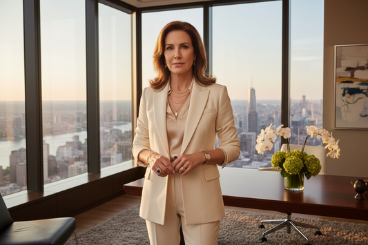 Confident professional woman in her 50s standing in a luxurious corner office, reflecting quietly — representing the plateau challenge high-achieving women face after 45