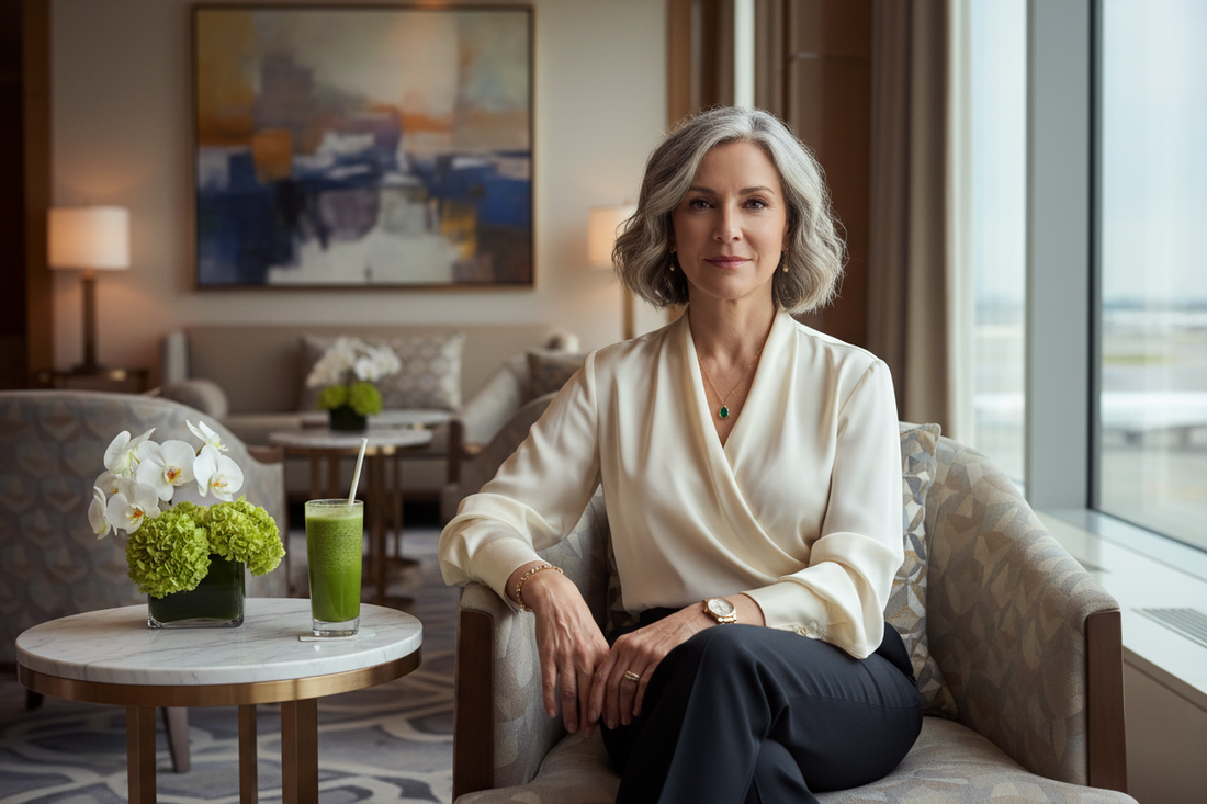 Elegant woman in her 50s sitting confidently in a luxurious hotel lounge with a green smoothie, soft natural light and marble surfaces, representing calm and healthy living while traveling.