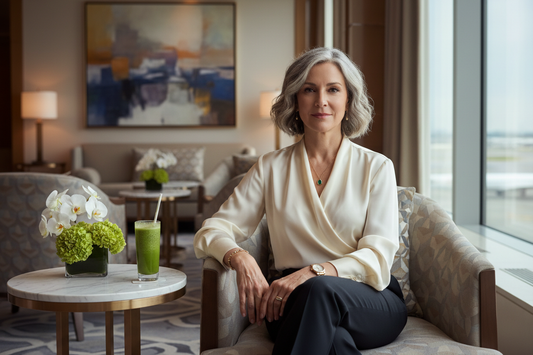 Elegant woman in her 50s sitting confidently in a luxurious hotel lounge with a green smoothie, soft natural light and marble surfaces, representing calm and healthy living while traveling.