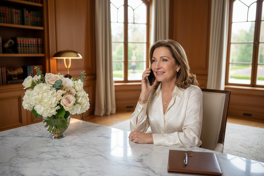Affluent elegant woman in her 50s speaking on the phone in a luxurious home setting, looking relieved and empowered, soft natural light and fresh flowers representing professional remote support.